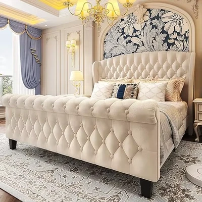 Hisoft Queen Bed Frame, 42" Tall Velvet Upholstered Sleigh Bed with Wingback Hea - Image 1 of 4