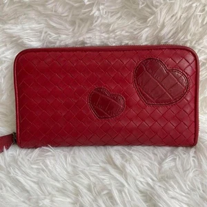 BOTTEGA VENETA Intrecciato Heart Round Zipper Long Wallet Red Leather Rare - Picture 1 of 16