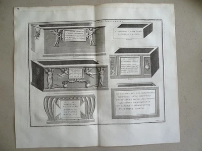 Urnes röm. Sarkophag Nekropole Allegorie Ornamente Montfaucon Kupferstich 1722 - Bild 1 von 2