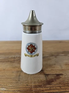 VINTAGE ISLE OF MAN SUGAR CASTER–PORCELAIN & EPNS LID – 11CM / 4.3" – THREE LEGS - Picture 1 of 13