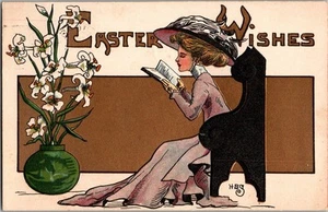 Vintage Easter Postcard ~ Fancy Big Hat Lady on Bench Reading HB Griggs HBG JO5 - Picture 1 of 2