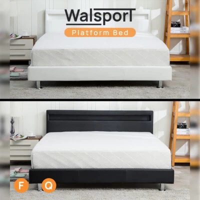 Cama queen size/tamanho completo plataforma estrutura couro com luz LED cabeceira ripas quarto - Imagem 1 de 4