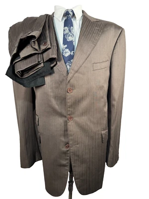 T-FUSION Mens Brown Classic Fit Pinstripe Pleated 2pc Suit 46L Jacket 40x33 Pant - Image 1 of 4