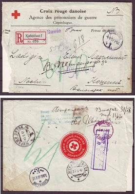 d2896/ Denmark Seal Label Red Cross RETURN Reg Censor Cover t/Noshin Russia 1917 - Image 1 of 3