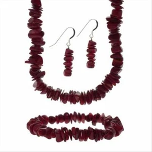 Sterling Silver Red Coral Stone Chip Jewelry Set - Picture 1 of 1