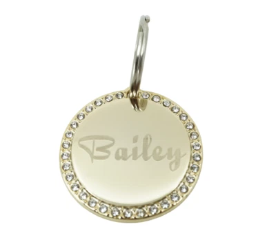 Custom Engraved Personalized Round Gold-Plated Rhinestones Pet Dog ID Tag - Image 1 of 4