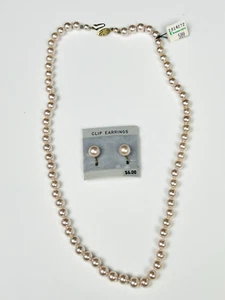 VTG Pink Faux Pearl Single Strand Bead Necklace 24" & Clip Earrings Chappell's - Picture 1 of 11