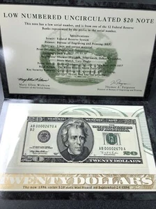 $20 Note Low Numbered Uncirculated from Department of Treasury 1996 series - Picture 1 of 6