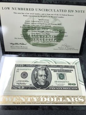 $20 Note Low Numbered Uncirculated from Department of Treasury 1996 series - Image 1 of 4