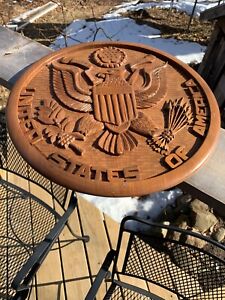 Vintage Hand Carved Wood US Coat of Arms Crest Wall Plaque  Eagle United States
