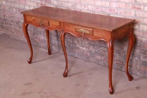 Baker Furniture French Provincial Louis XV Cherry and Burl Console Table Cover