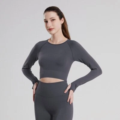 Yoga Crop Top Women T Shirts Long TShirts Spring Tops Basic Casual Sports Wear - Image 1 of 4