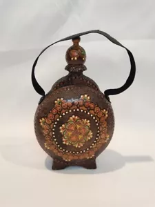 Bulgarian hand carved decorative water flask with colorful poker work carvings - Picture 1 of 6