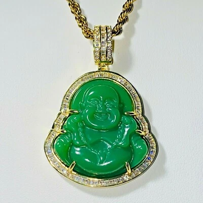 Collar Cadena Cuerda Colgante Buda Riendo Jade Verde Helado Acabado Oro 14k Foto 1 de 4