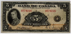 1935 Bank of Canada $5 Banknote - VG+ - SN: A574216 - Picture 1 of 2