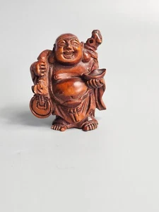 Fine Antique Signed Japanese Hardwood Netsuke of a laughing Buddha - Picture 1 of 3
