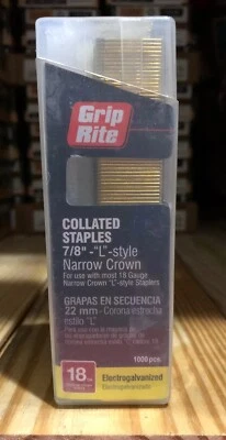 Grapas intercaladas Grip Rite 7/8” estilo “L” corona estrecha estilo 18 GA grapa Foto 1 de 2