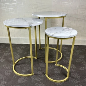 Set of 3 Round Marble Look MDF Steel Nesting Side Coffee Corner Tables 2 Colours - Picture 1 of 25