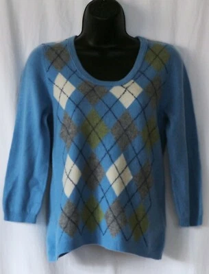 TWEEDS Blue Cashmere Scoop Neck Swtr Argyle Front 3/4 Slvs 34 In Chest Sz M EXC - Image 1 of 4