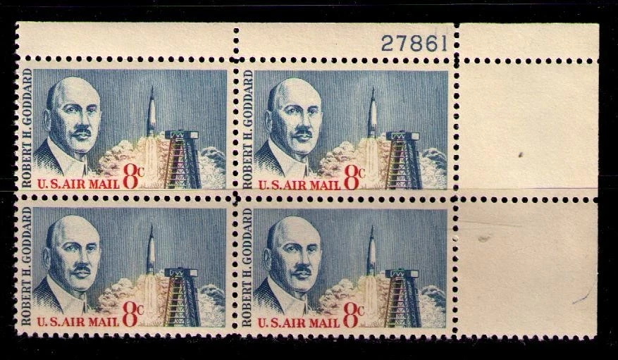 US USA Sc# C69 MNH FVF PLATE# BLOCK Robert Goddard Space Rocket Launch  - Image 1 of 1
