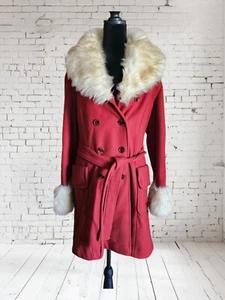 Vintage Penny Lane Style Coat, Sears Fashion Faux Fur Trim, Red / Rust And Cream - Picture 1 of 8