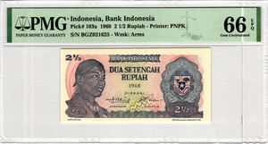 Indonesia 2 1/2 Rupiah 1968 PMG  Pick 103a 66 EPQ Choice Uncirculated Rare - Picture 1 of 2