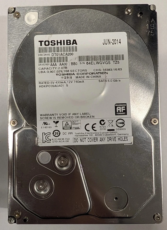 Toshiba 2TB 7200RPM SATA 3.5" Internal HDD - DT01ACA200 - Image 1 of 1