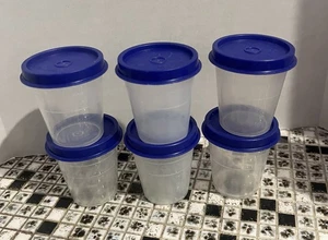 Vintage Lot Of 6 Tupperware Mini 2 oz Midget Containers 101 Sheer W/Blue Lids - Picture 1 of 8