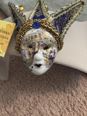 Blue & Gold Ceramic Miniature Jester Masquerade Venetian Wall Decor Mask New - Image 1 of 4