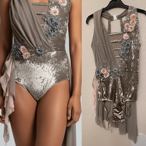 Glamour solo dance costume gray velvet lyrical embellished leotard dress MA adlt - Picture 1 of 9