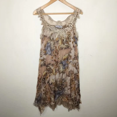 Pretty Angel Silk Floral Dress Crochet Trim Small Crinkle Earthy Boho Romantic - Image 1 of 4