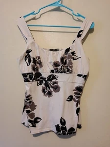 Ann Taylor schwarz/weiß geblümt U-Ausschnitt Neckholder ärmelloses Top Damen Gr. Lg - Bild 1 von 4