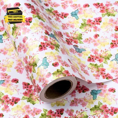 Floral Wrapping Paper Roll - 17 Inch X 16.5 Feet - Glitter Floral Butterfly Wrap - Image 1 of 4