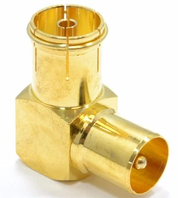 90 Deg. Right Angle RF TV Aerial Coaxial Male Plug To Female Socket Gold Adapter - Image 1 of 4