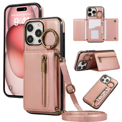 For iPhone 16 Pro Max 15 Plus 14 13 Ring Zipper Card Wrapped Leather Phone Case - Image 1 of 4