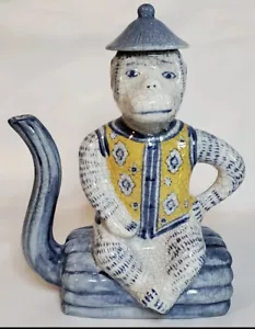 Vintage Extremely Rare Chinoiserie Porcelain Monkey Tea Pot 8" Signed - Picture 1 of 9