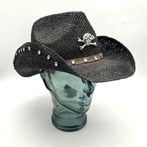 Vintage 00er Jahre Y2K schwarz Papier Totenkopf gekreuzte Knochen Strassbesatz Cowboyhut Einheitsgröße - Bild 1 von 10