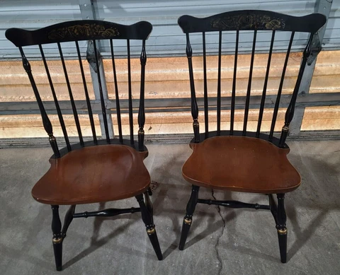 Pair of Hitchcock Black Harvest Stenciled Windsor Fan Maple Chairs Gold Accents Cover