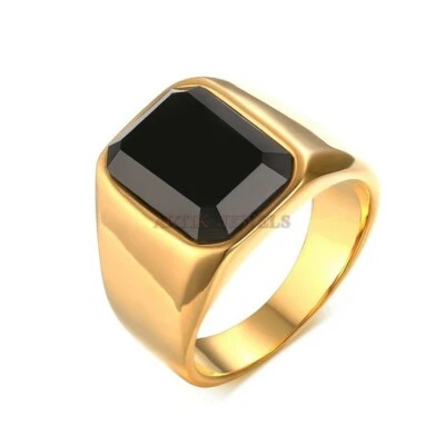 Anillo De Plata Esterlina 925 Bañado En Oro Con Piedra Preciosa Ónix Negro #1279 - Imagen 1 de 3
