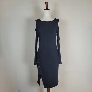 Carmen Marc Valvo Womens Small Black Cold Shoulder One Sleeve Faux Leather Trim - Picture 1 of 8