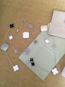 ⊹Van⊹Cleef⊹ Necklace ALHAMBRA mother-of-pearl blue chalcedony 16 flowers - Picture 1 of 4