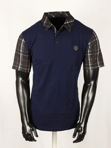Men's Polo Shirt Blue Italian Plaid Design Collar Slim Fit Stretch Casual Shirt - Picture 1 of 5