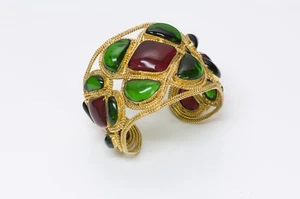 CHANEL 1980’s Maison Gripoix Byzantine Style Red Green Glass Cuff Bracelet - Picture 1 of 7