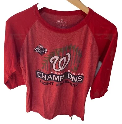 Camisa Majestic Washington Nationals para mujer manga 3/4 talla L grande 2019 serie mundial Foto 1 de 4
