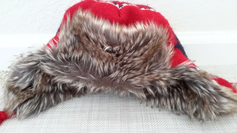 Baby Gap Trapper Hat Christmas Pattern Red/Navy Faux Fur Lined Size S/M EUC - Image 1 of 4