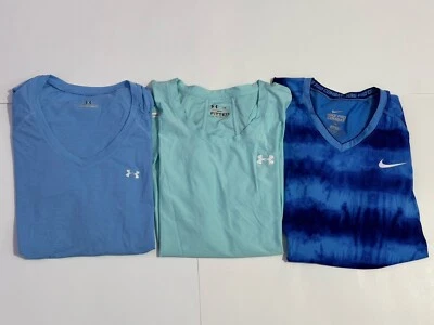 Nike Pro Combat Womens Blue Shirt Under Armour Fitted Heat Gear & Tee Sz L Lot 3 - Image 1 of 4