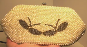 Vintage Pearl Beaded Covered Retro Clutch Bag 60s Japan Beaded Evening Bag Purse - Picture 1 of 13