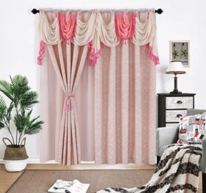 Jacquard Luxury Pink Curtain Set with Valance & Backing, 53x84, Set of 2 - Picture 1 of 2
