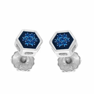 Aretes hexagonales redondos azules naturales micro pavé de diamantes de plata de ley Foto 1 de 4