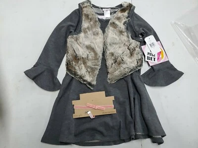 Youngland Sz. 12 Girl Grey Fur Vest and Dress Set 3 Pc with Choaker Necklace NWT Foto 1 de 4